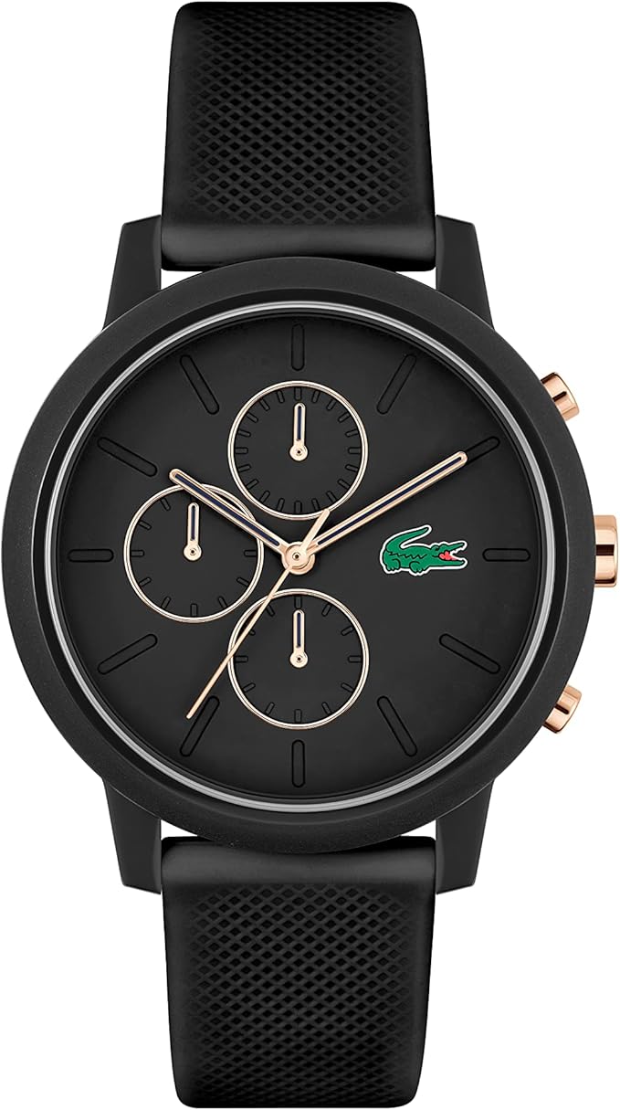 Lacoste 42mm black chronograph watch with round dial and rose gold chronograph pushers
