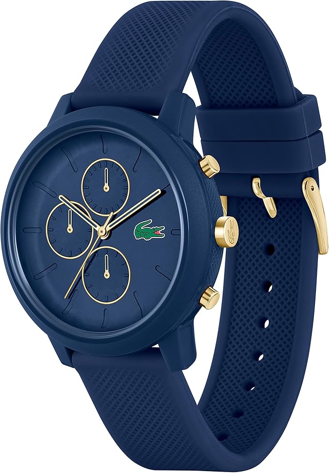 Lacoste blue silicone band watch shown at angle with visible band and buckle