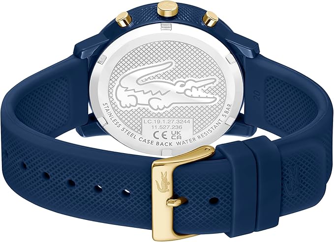 Lacoste watch caseback showing embossed crocodile logo and specifications