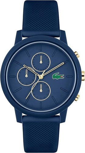 Lacoste blue chronograph watch with three subdials and gold-tone hands