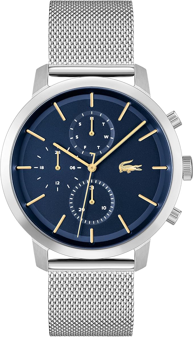 Lacoste stainless steel mesh watch with blue multi-function dial and gold accents