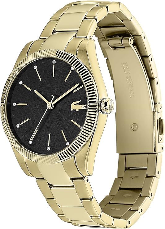 Side angle view of Lacoste women's watch showing gold-tone stainless steel bracelet