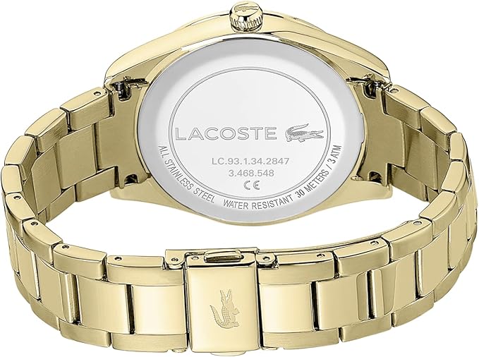 Lacoste watch caseback with model number LC.93.1.34.2847 and water resistance information