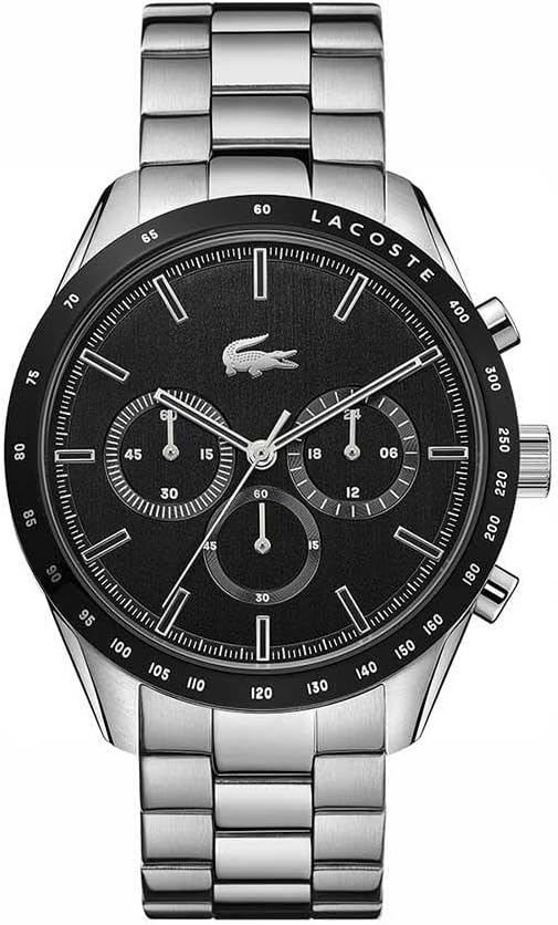 Lacoste Boston stainless steel chronograph watch with black dial and link bracelet