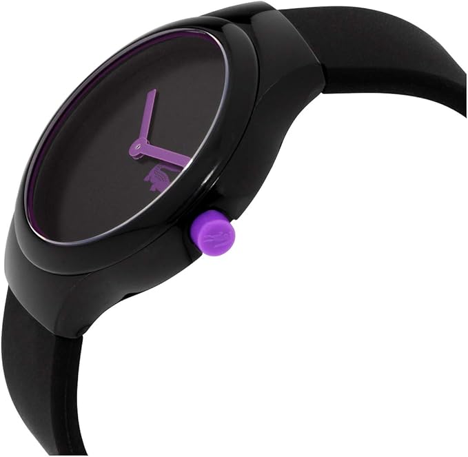 Lacoste Goa watch from side angle showing black case, purple crown and lugs, silicone strap