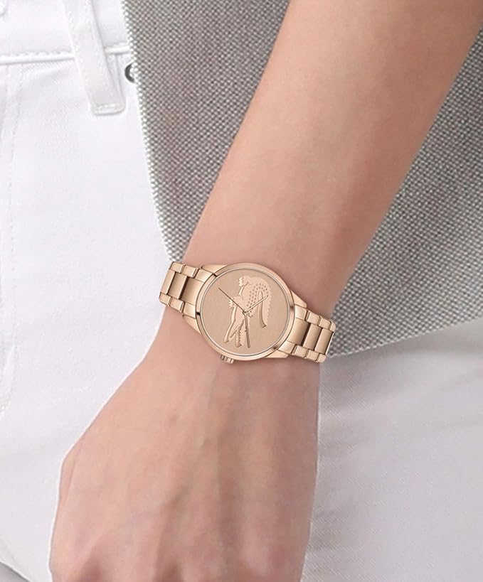 Lacoste Ladycroc carnation gold watch worn on wrist