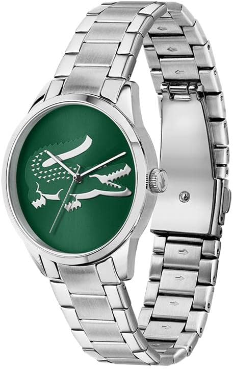 Lacoste Ladycroc watch side view showing green dial and stainless steel band