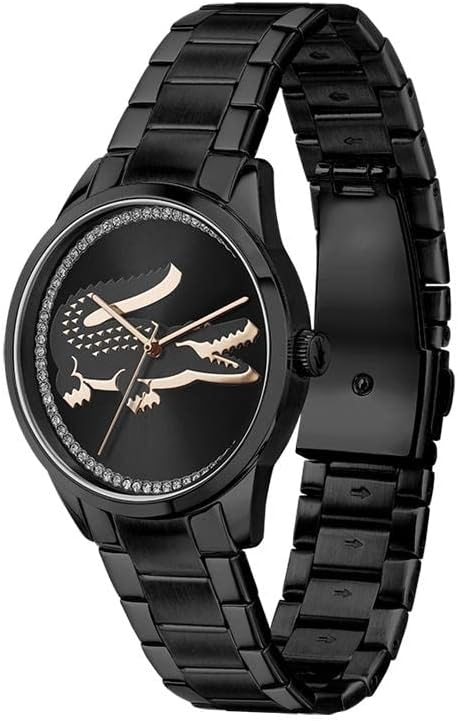 Lacoste Ladycroc watch on black stainless steel strap showing side profile and crocodile motif