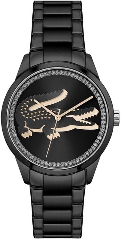 Lacoste Ladycroc women's watch with black dial, gold crocodile design, and crystal bezel