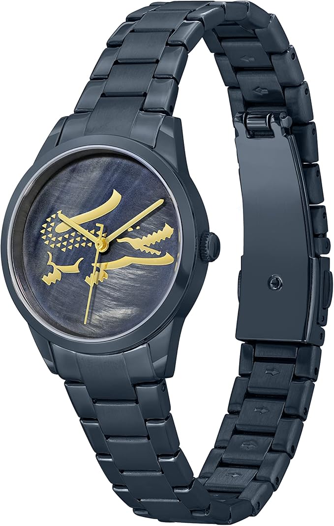 Lacoste LADYCROC MINI watch at angle showing gold crocodile dial and full steel bracelet