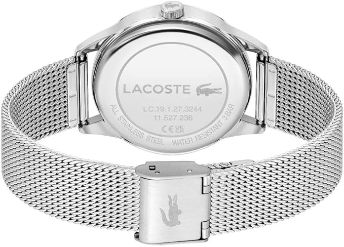 Lacoste Ladycroc watch caseback showing stainless steel case and brand engraving