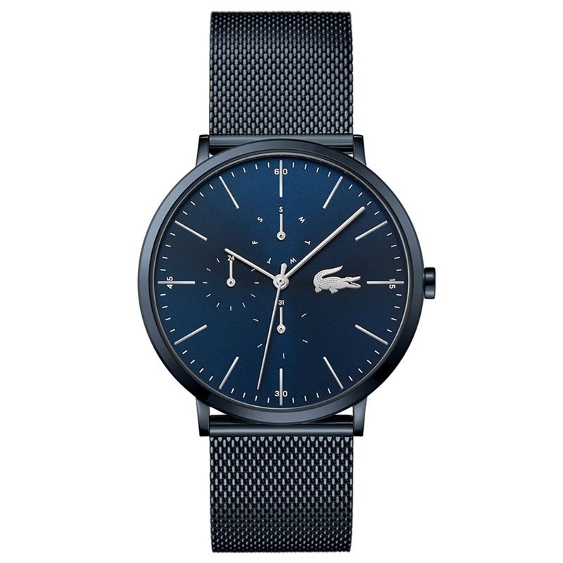 Lacoste Moon men's watch with blue dial, multifunction chronograph, and dark Milanese mesh strap