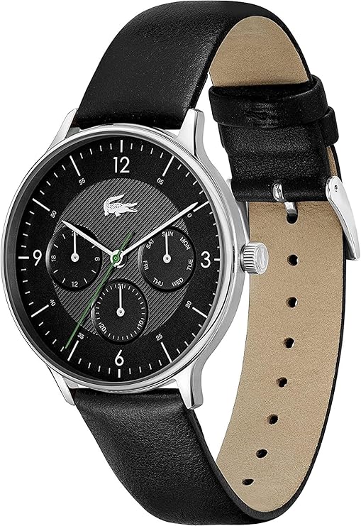 Lacoste Moon Multi watch three-quarter view showing black leather strap, dial, and case detail