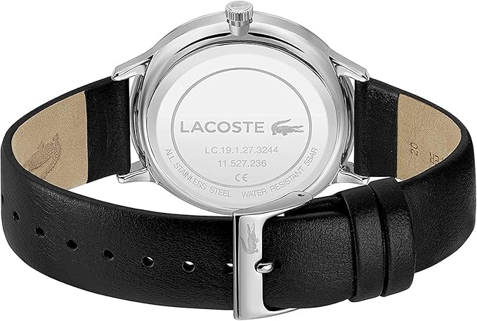 Lacoste Moon Multi watch case back with Lacoste branding and water resistance information