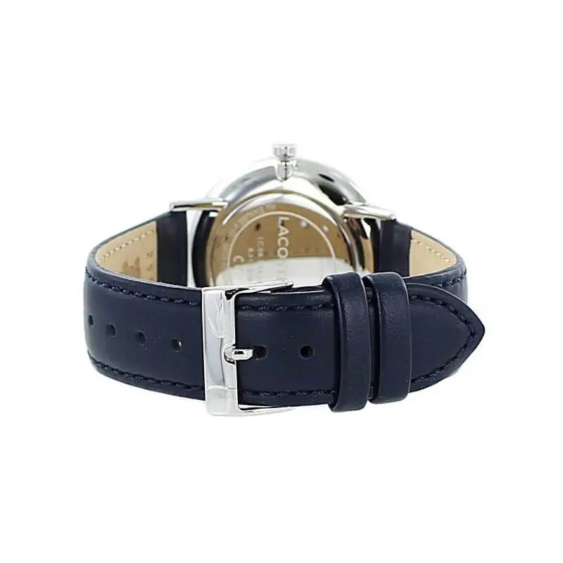 Lacoste Moon Ultra Slim caseback showing engraved logo and leather strap
