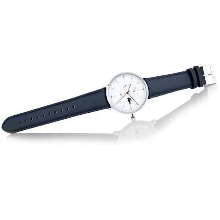 Lacoste Moon Ultra Slim watch on wrist with navy leather strap