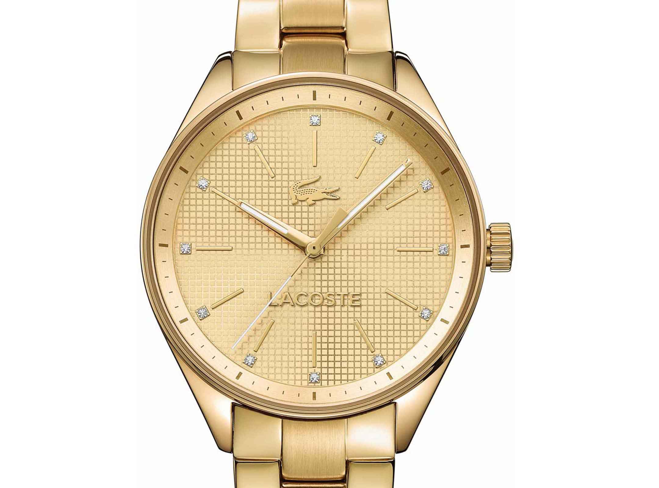 Lacoste Philadelphia watch angled view showing gold case and dial with crystal indices