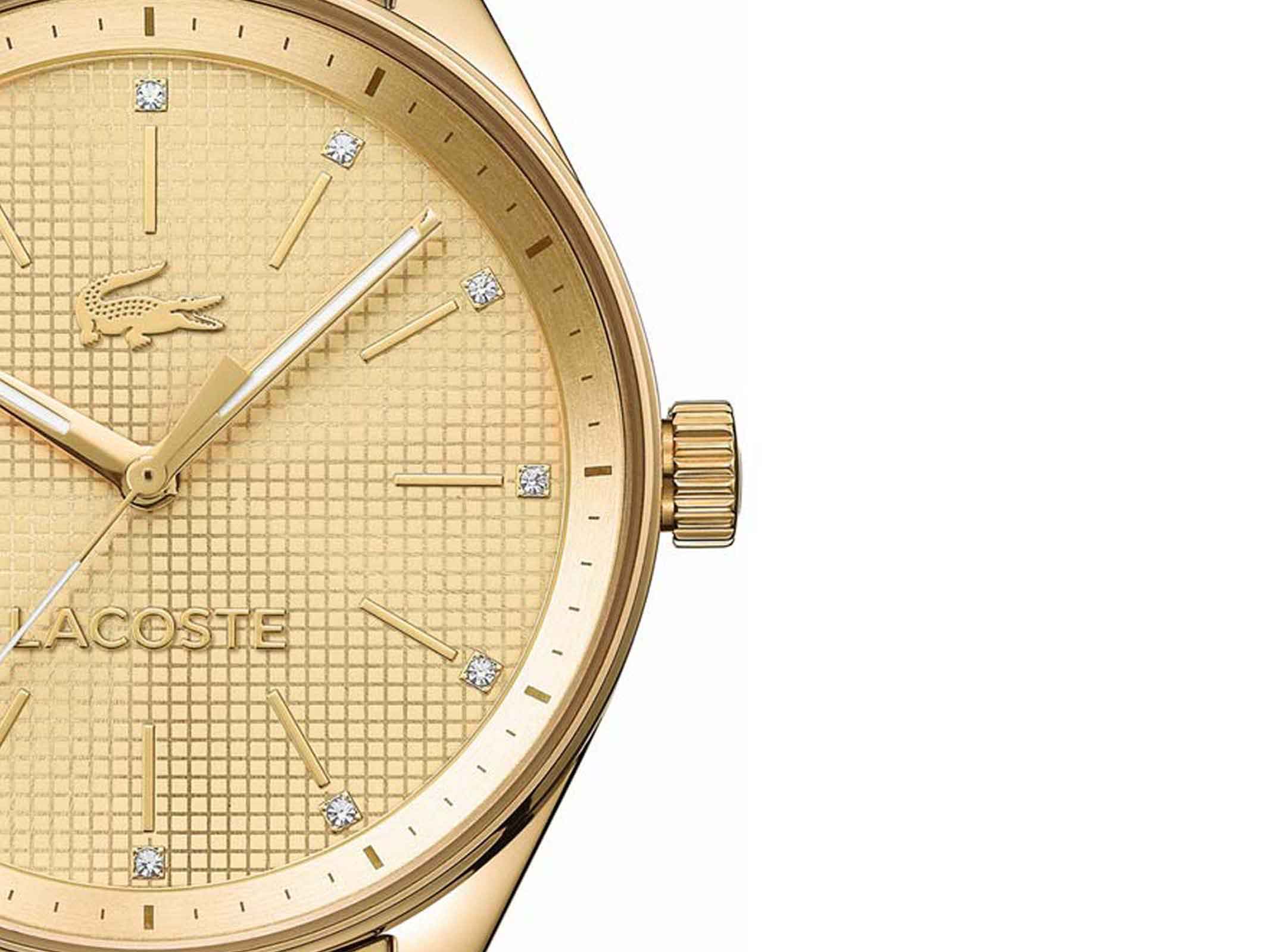 Close-up of Lacoste Philadelphia dial with textured surface and crystal hour markers