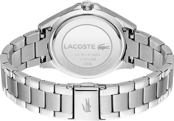 Lacoste Swing women's watch caseback showing silver steel with Lacoste logo
