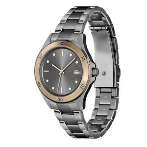 Lacoste Swing women's watch side angle view with stainless steel bracelet and rose gold bezel