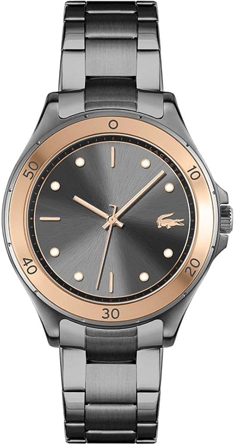 Lacoste Swing 38MM black dial watch with rose gold bezel and stainless steel bracelet front view