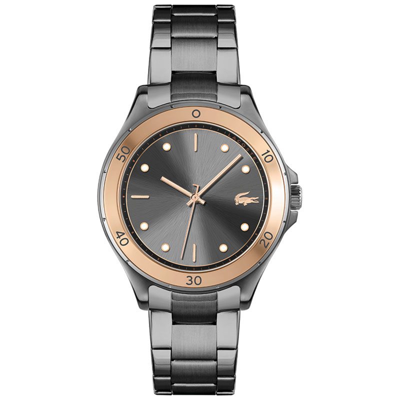 Lacoste Swing 38MM women's watch with black dial, rose gold bezel, and stainless steel bracelet