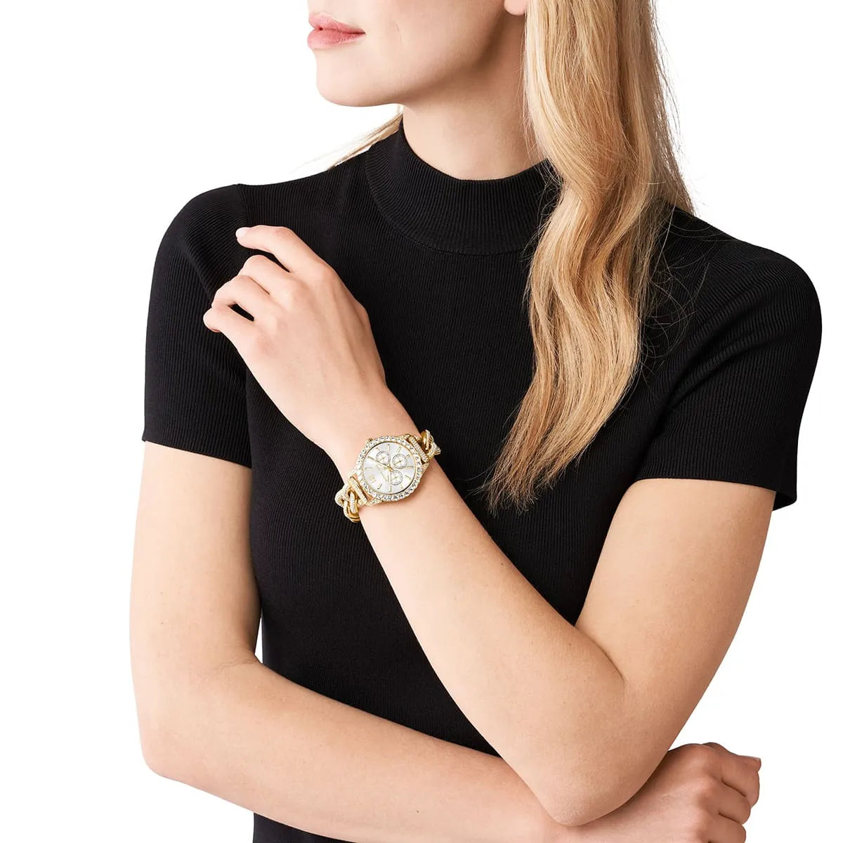Layton Pavé watch worn on wrist, showing white dial and curb-link strap styling
