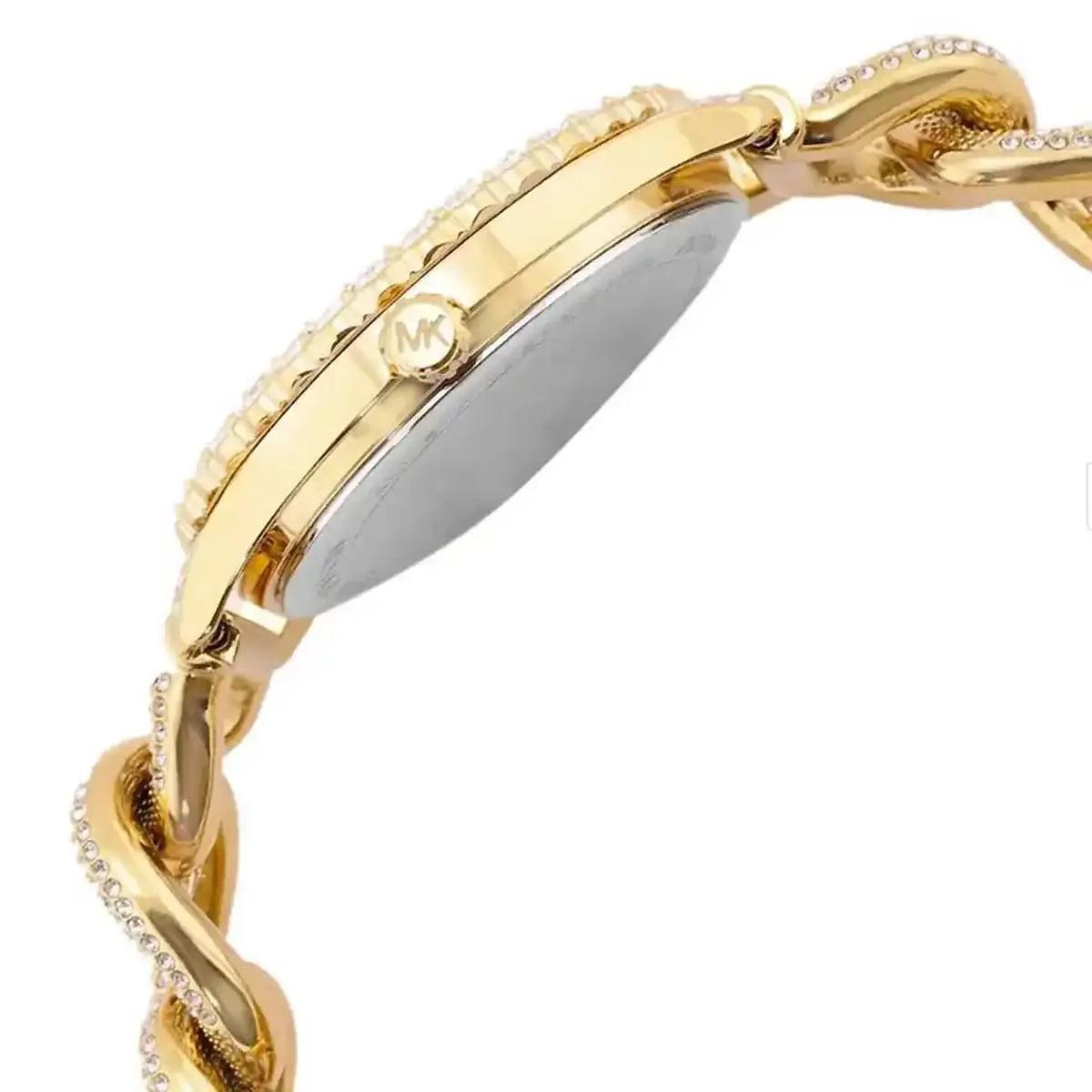 Layton watch side view highlighting crystal-studded bezel detail and MK logo