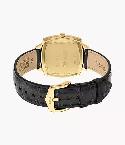 Back angled view of Fossil Machine Luxe showing caseback, gold case, and black croco leather strap