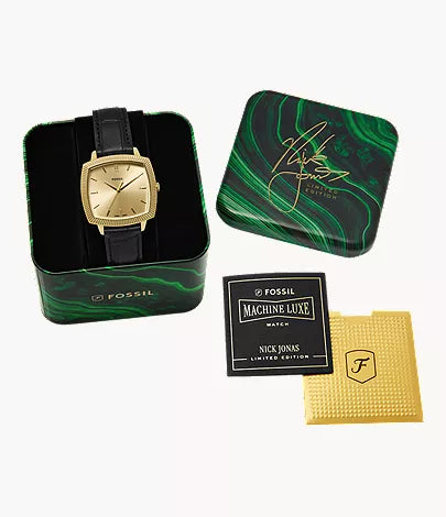 Nick Jonas x Fossil Machine Luxe limited edition watch set with green box, watch, and accessories