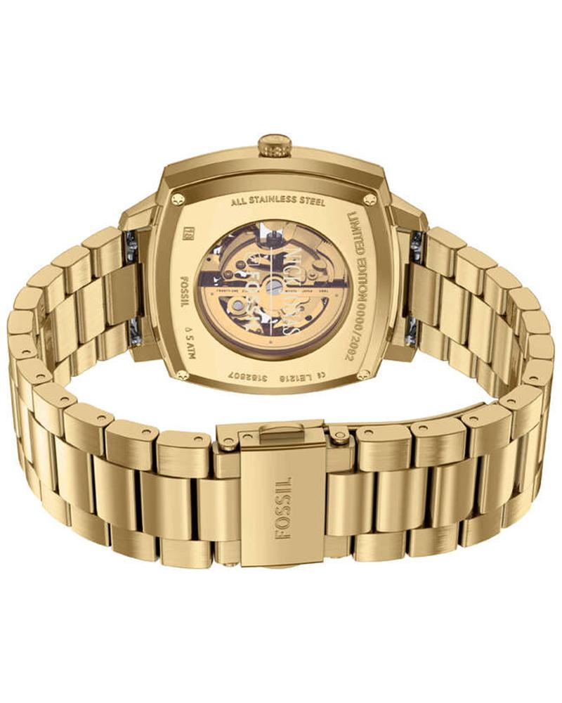 Case back view showing gold-tone stainless steel bracelet and crown detail