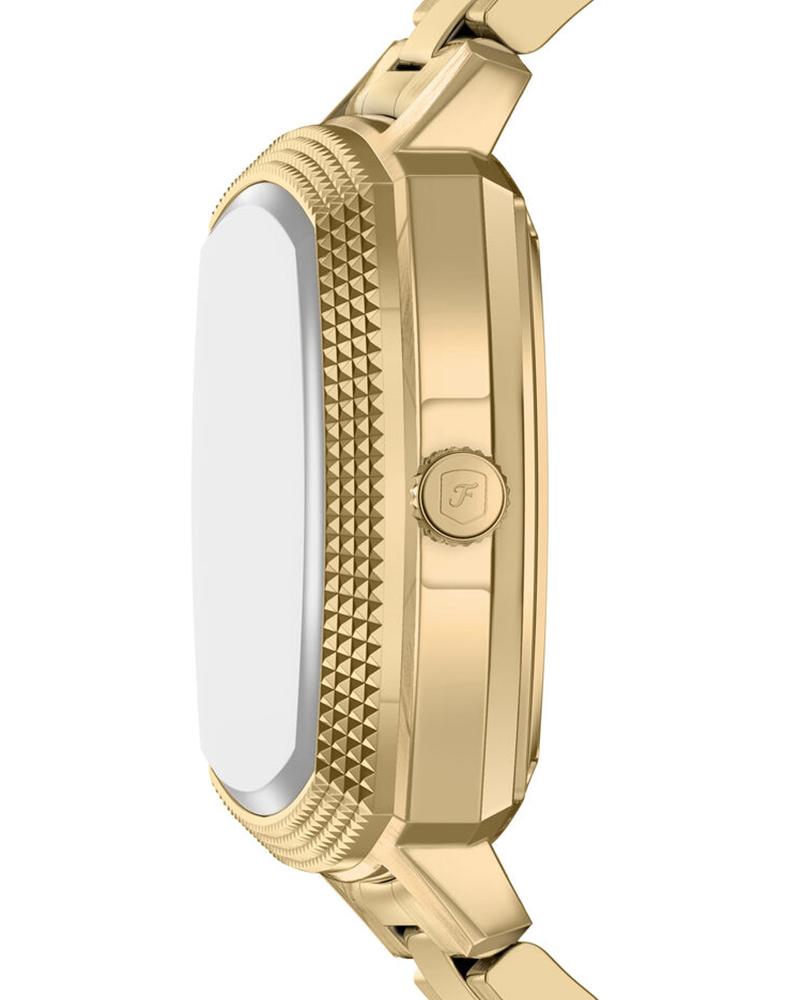 Side profile of gold-tone watch showing textured bezel and bracelet links