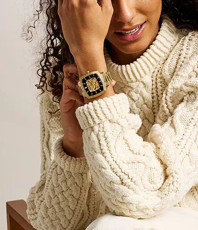 Nick Jonas Machine Luxe watch with skeleton dial worn on model's wrist