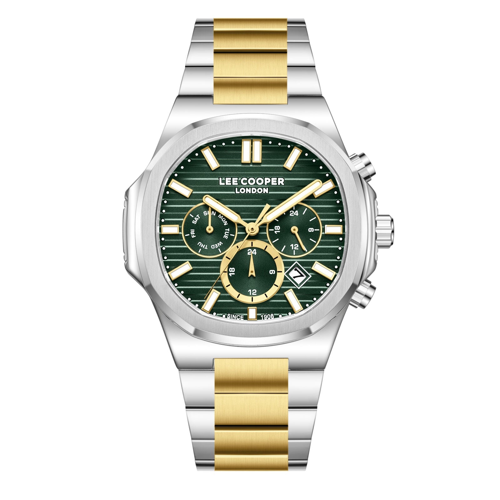 Lee Cooper Gauthier multifunction watch with green dial, gold and silver two-tone bracelet, chronograph subdials
