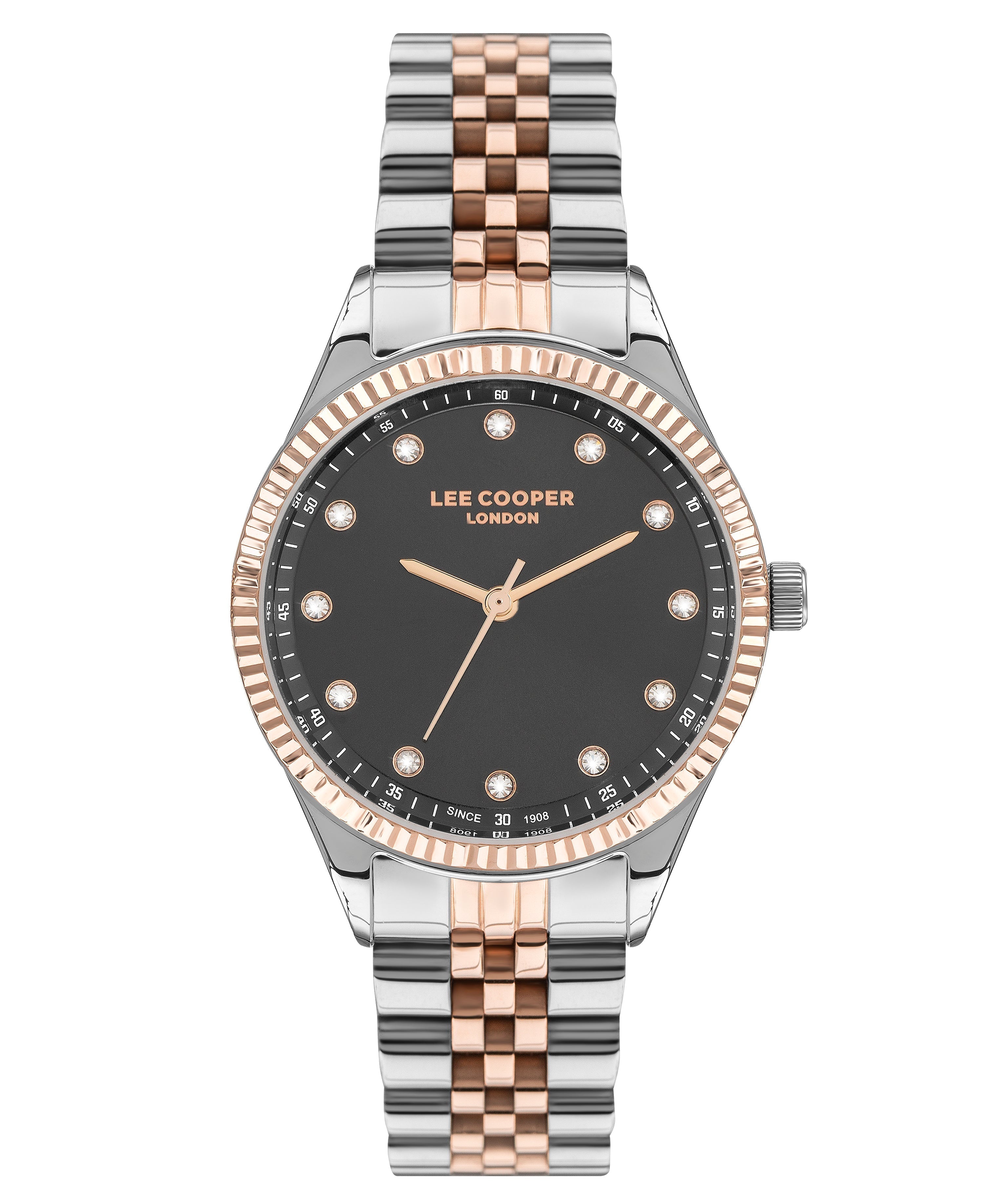 Lee Cooper Classic dark grey dial two-tone silver and rose gold women's watch with crystal bezel