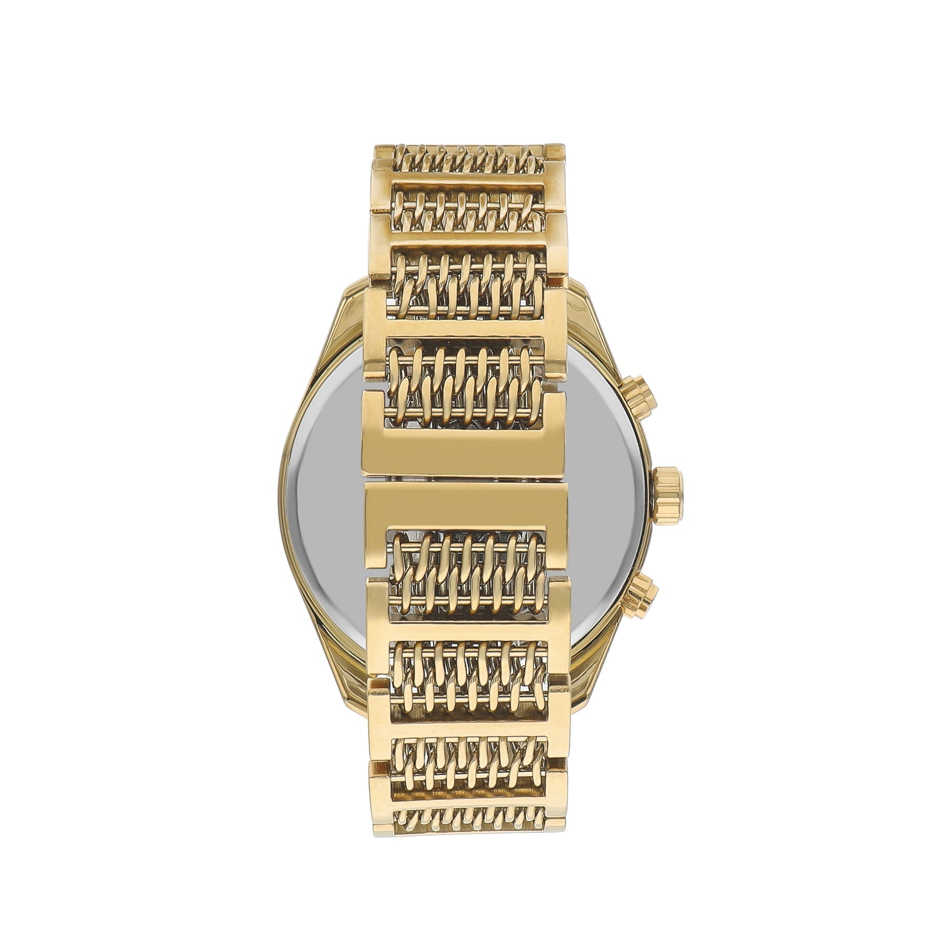 Lee Cooper gold chronograph watch displayed from back showing stainless steel bracelet