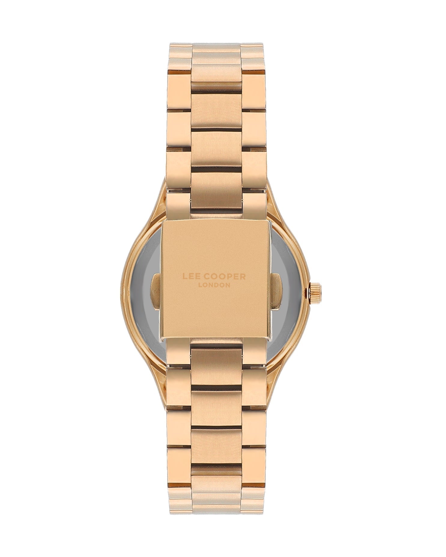 Caseback view of Lee Cooper rose gold watch showing solid case back and bracelet