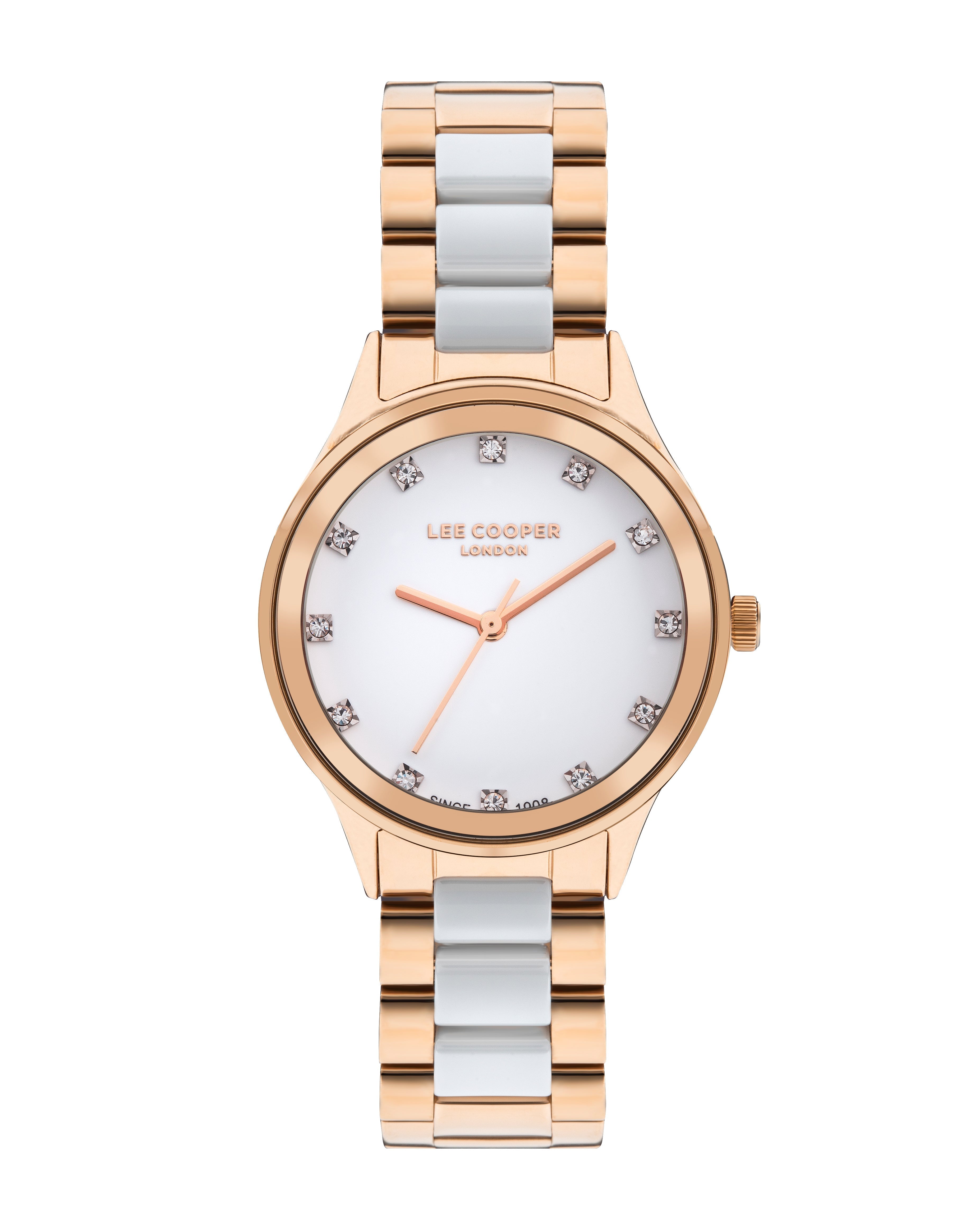 Lee Cooper Classic white MOP dial rose gold women's watch with mixed metal bracelet