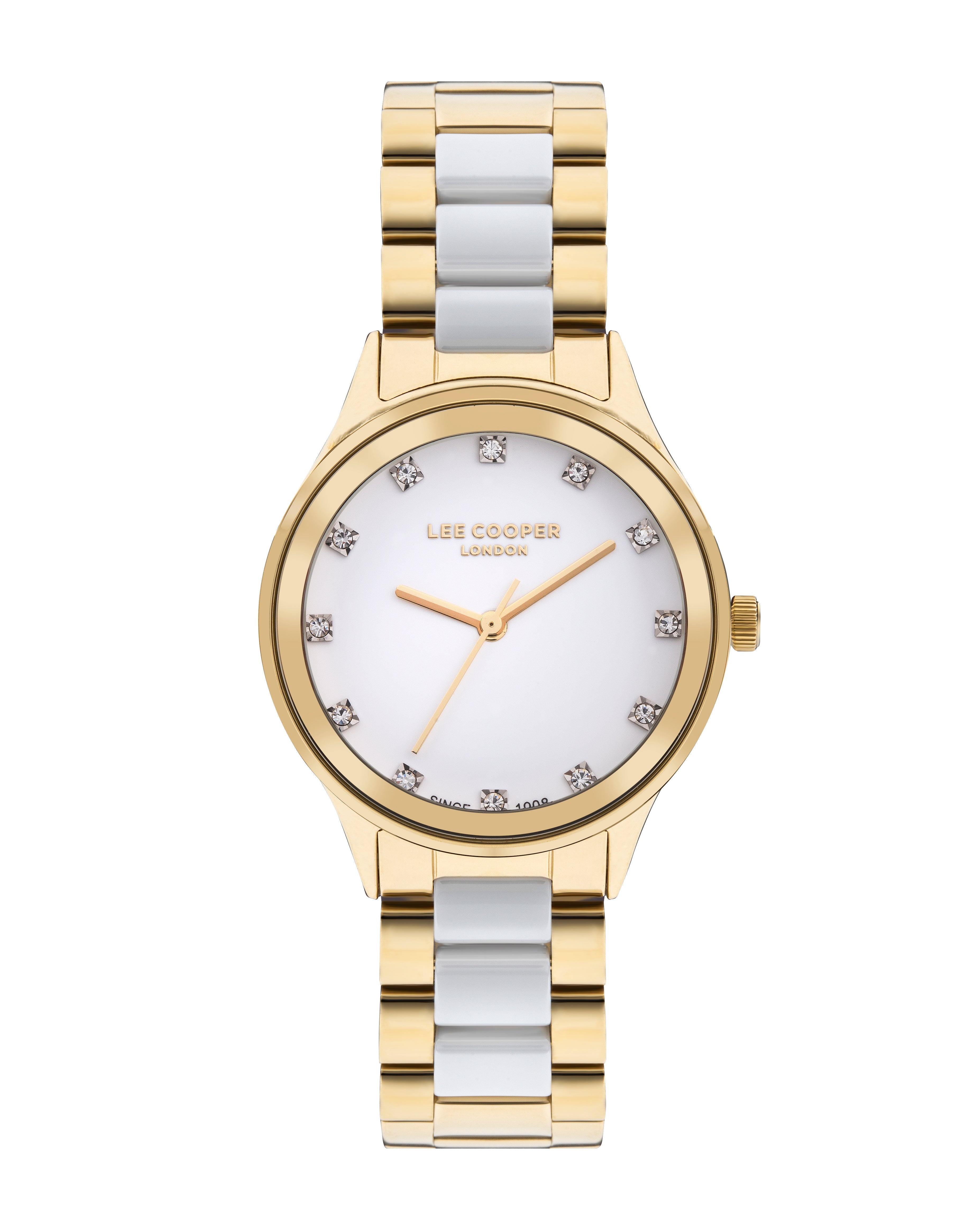 Lee Cooper Classic two-tone watch with white mother-of-pearl dial and crystal hour markers