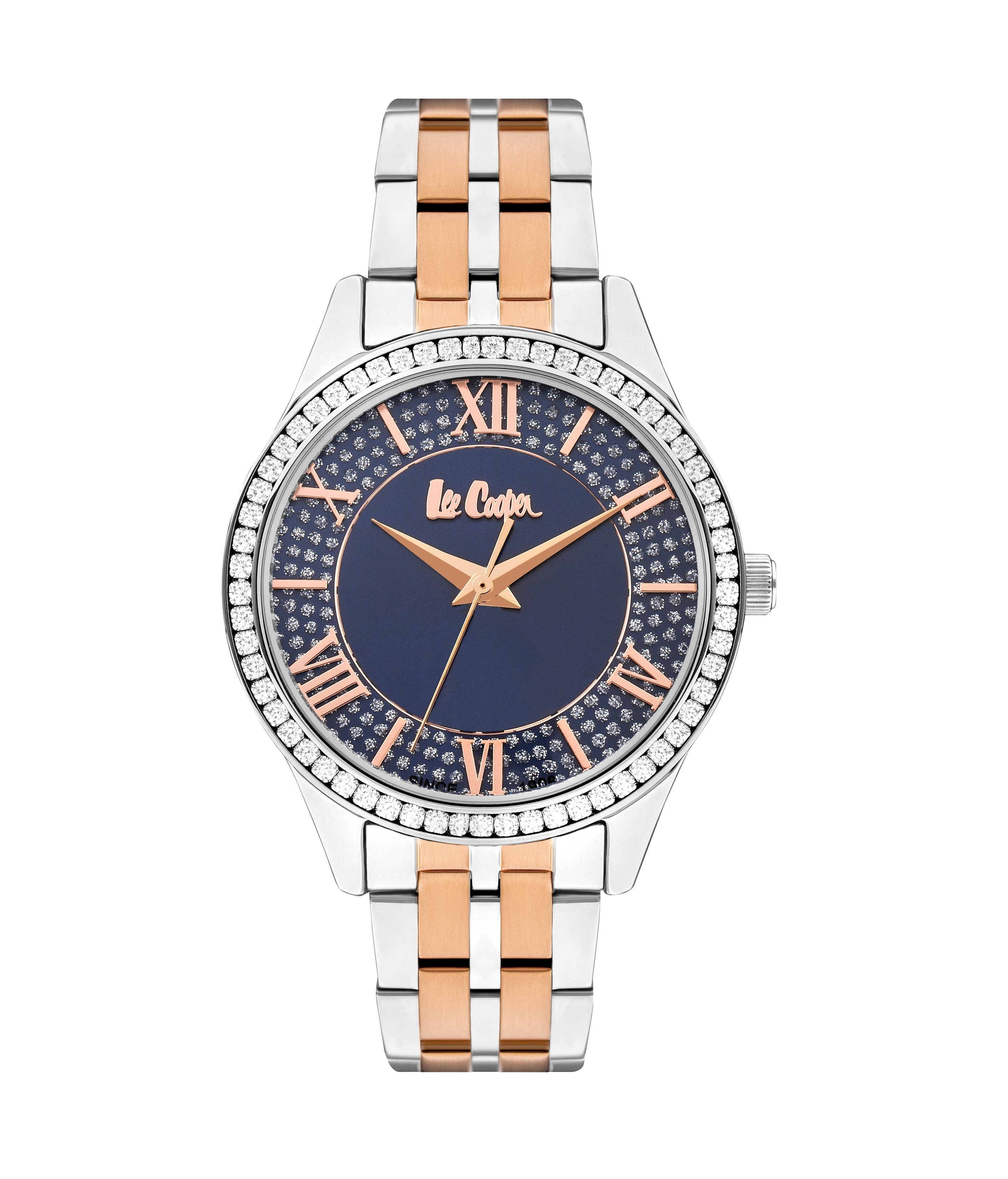 Lee Cooper women's 34mm blue dial watch with two-tone silver and rose gold metal strap