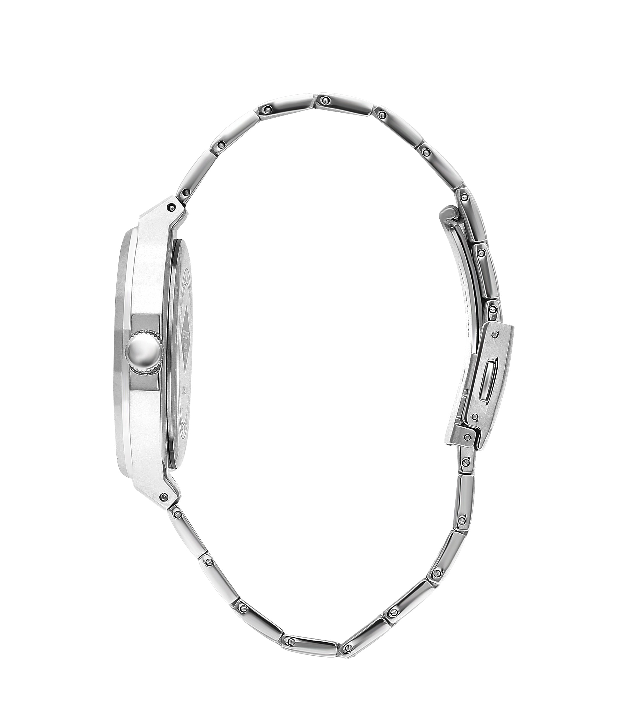 Side profile of Lee Cooper watch showing thin case design and two tone stainless steel bracelet