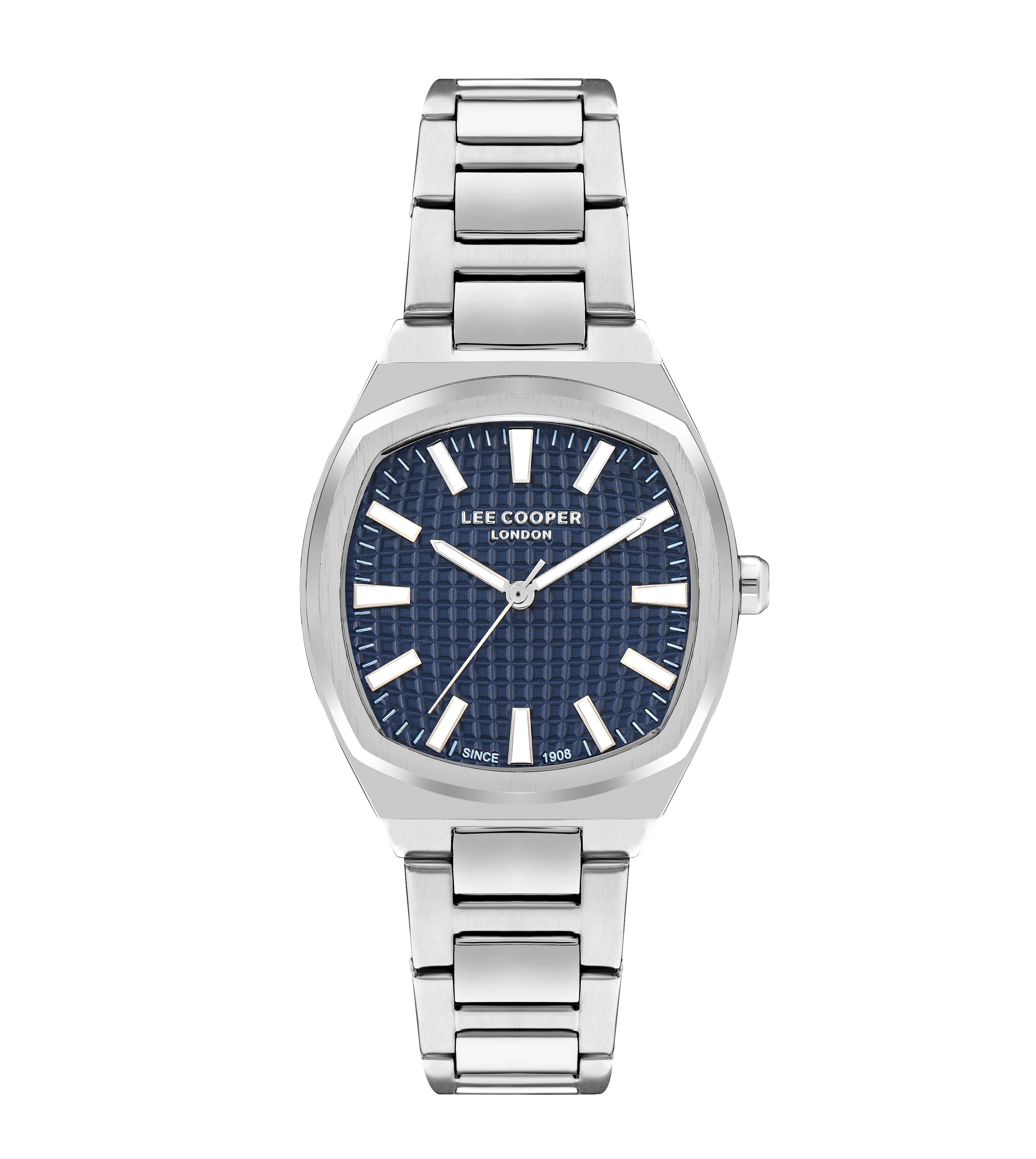 Lee Cooper LC07985.390 square watch with navy blue dial and silver metal bracelet
