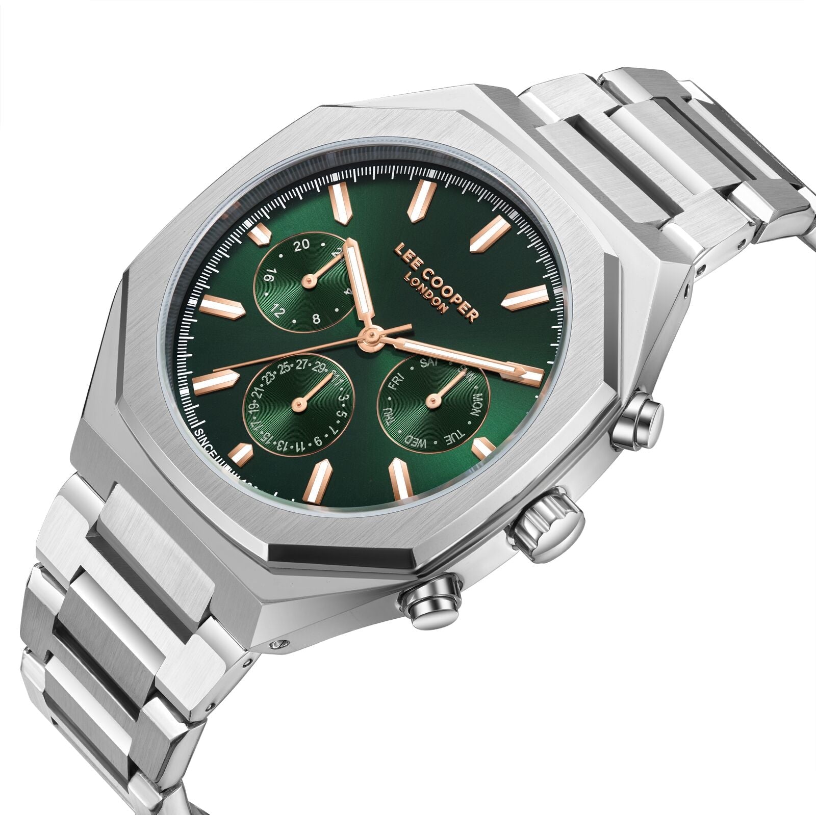 Lee Cooper green dial chronograph with three subdials and silver bracelet
