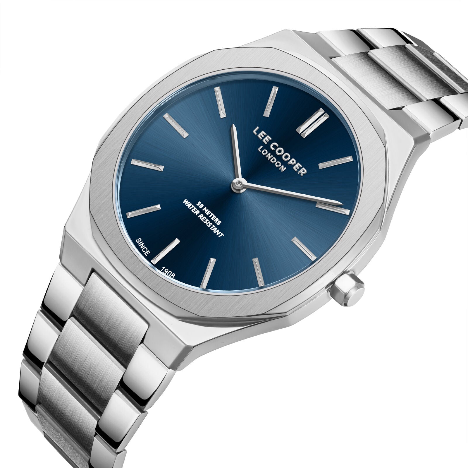 Lee Cooper Classic watch with blue dial shown at angle with silver steel bracelet