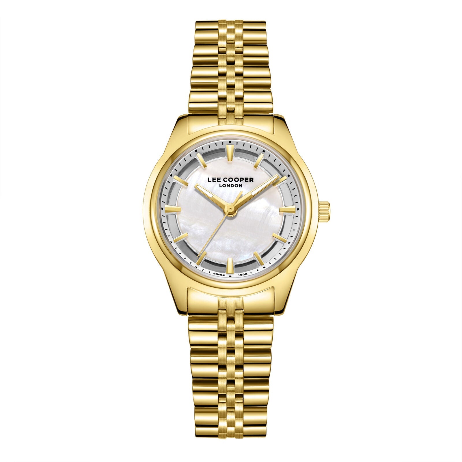 Lee Cooper Classic watch with white mother-of-pearl dial, gold-tone case and bracelet