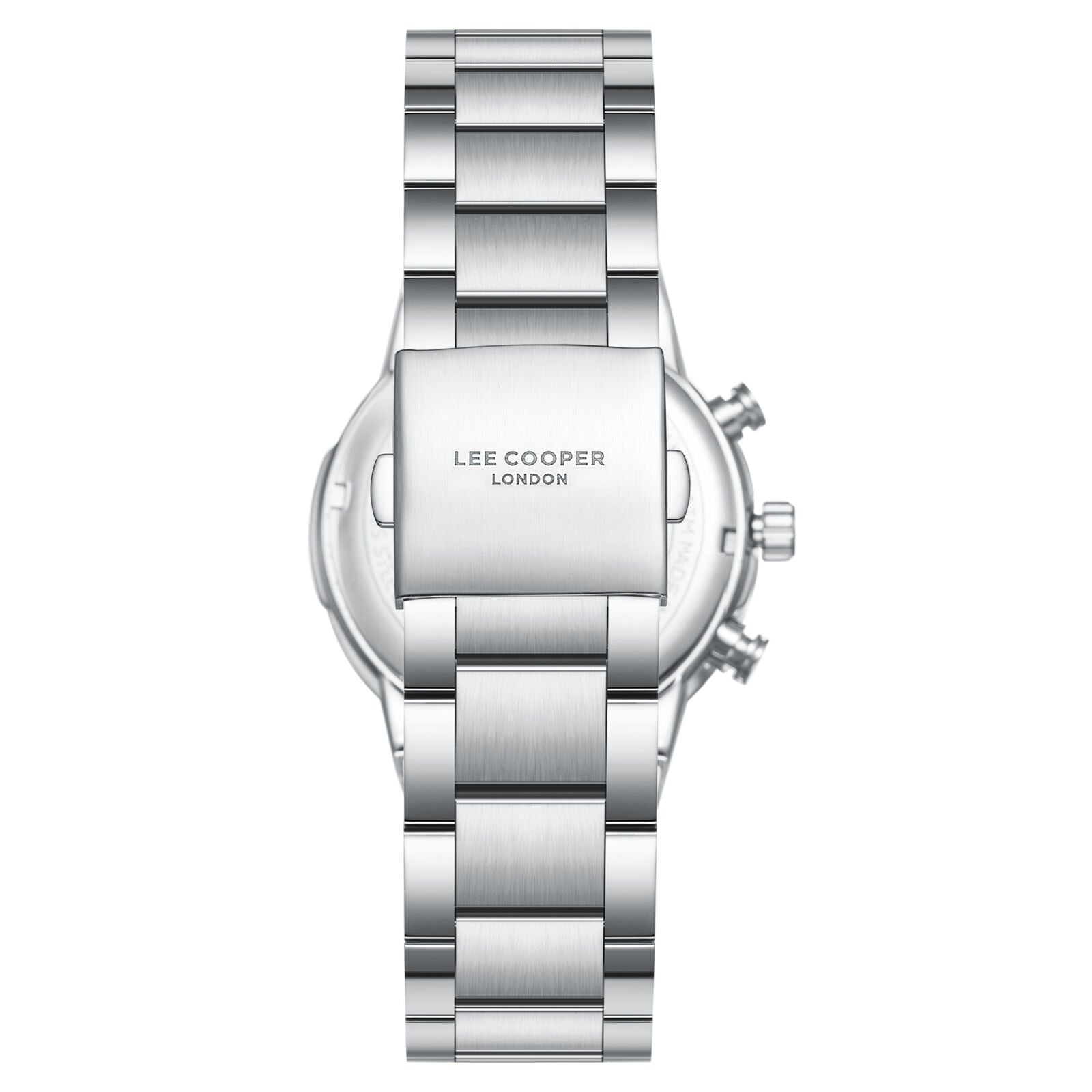 Lee Cooper chronograph watch case back showing silver-tone stainless steel with branding
