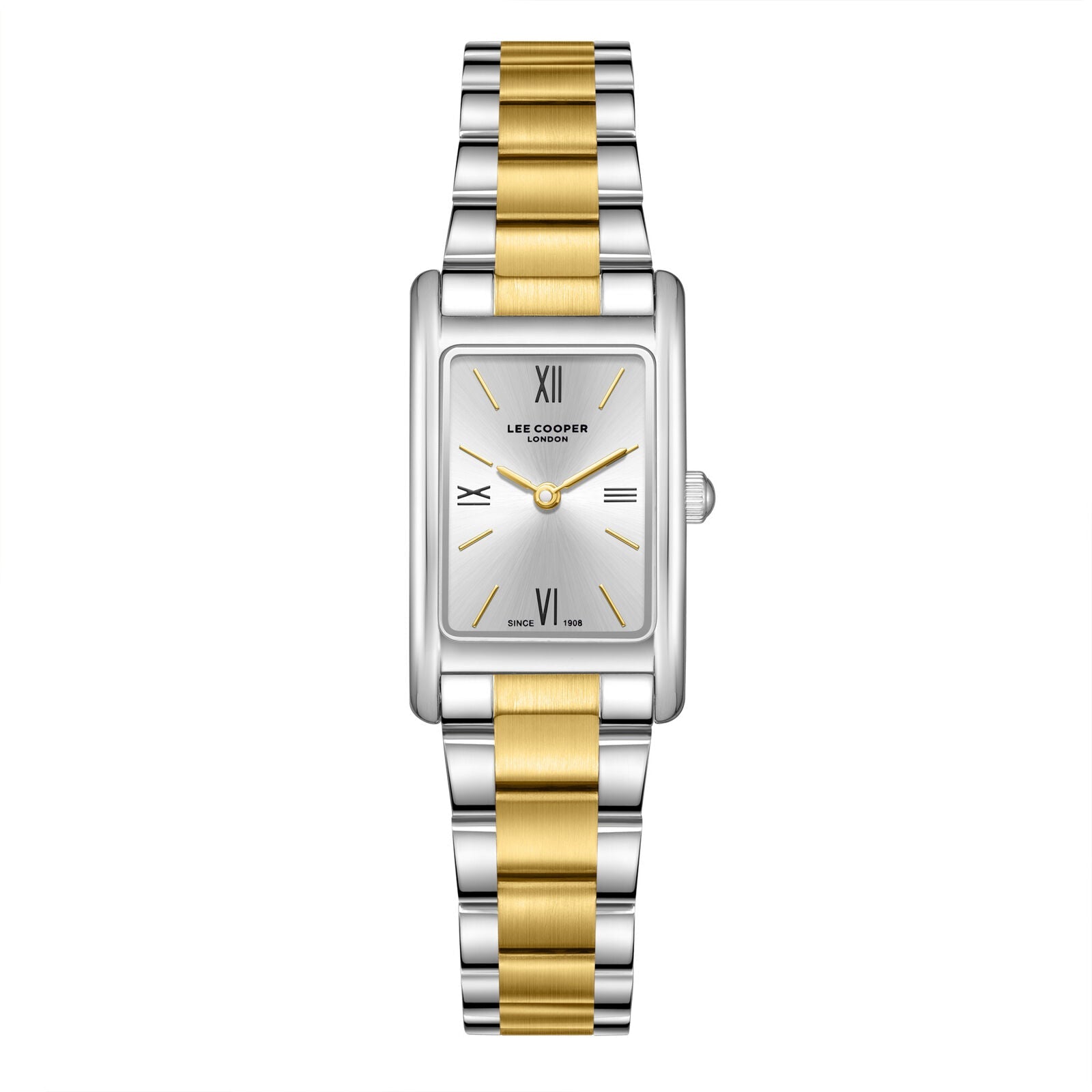 Lee Cooper LC08300.230 square silver dial watch with two-tone steel and gold bracelet
