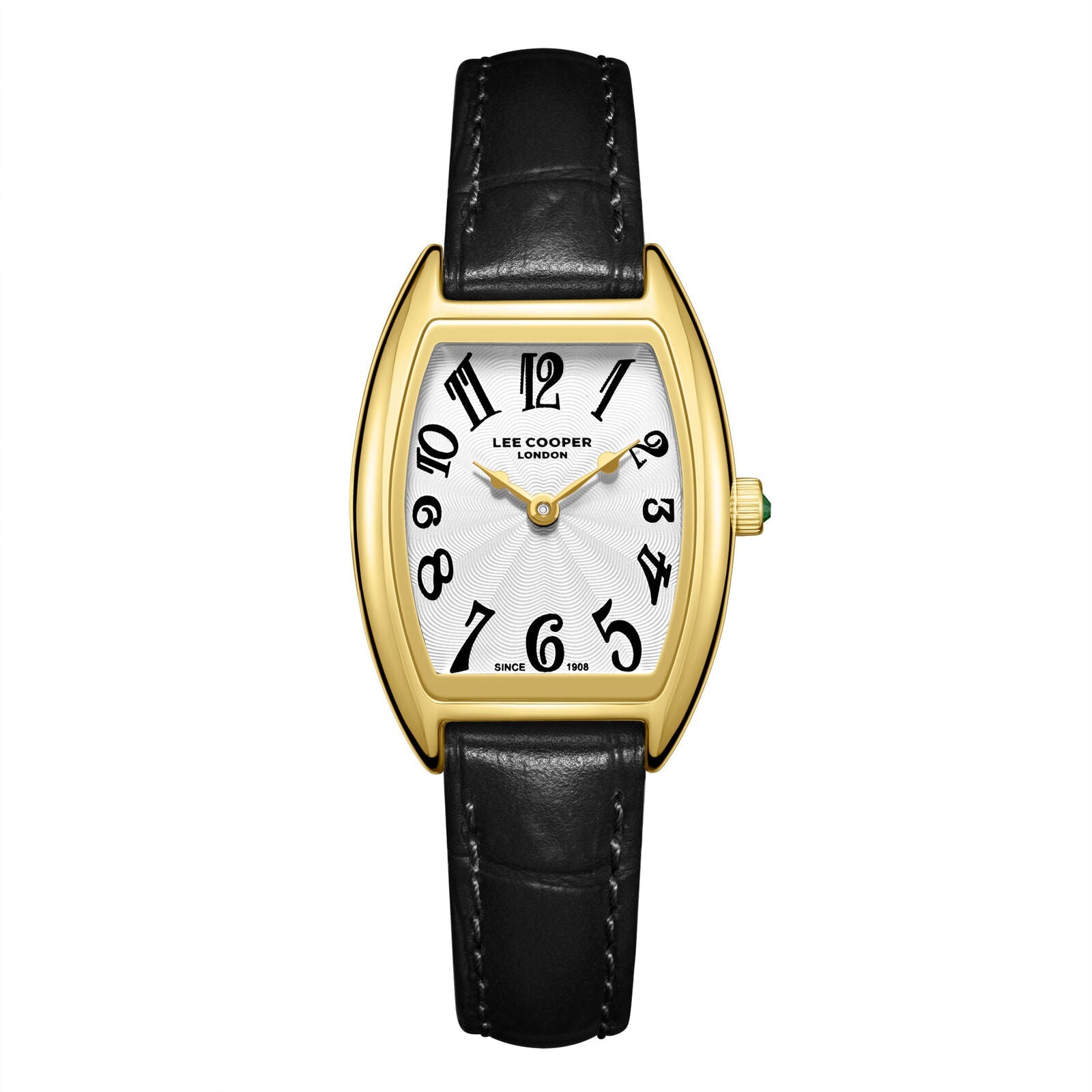 Lee Cooper rectangular watch with white dial, gold case, black leather strap