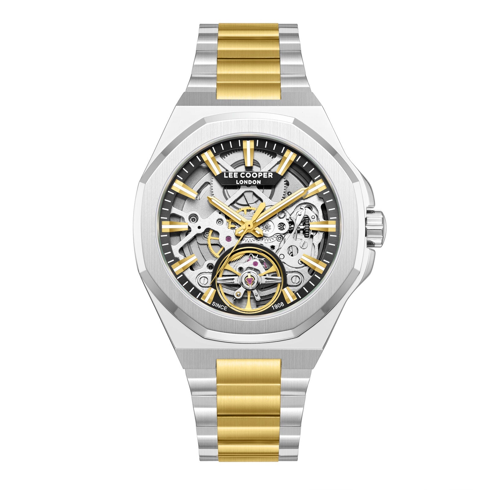 Lee Cooper LC08368.230 two-tone automatic watch with black skeleton dial and visible gold-accented tourbillon