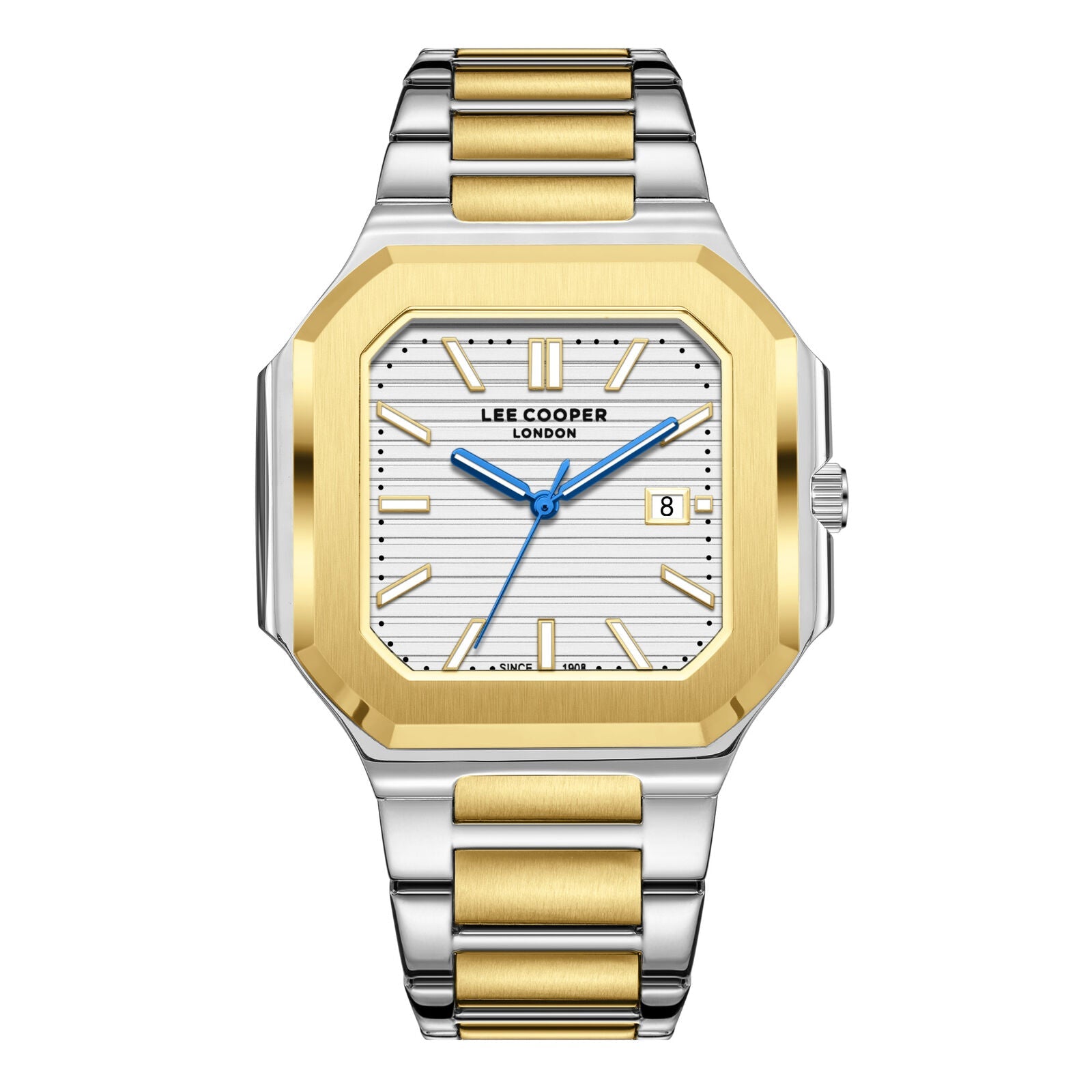 Lee Cooper Maxime square case silver dial two-tone gold and silver watch with blue hands